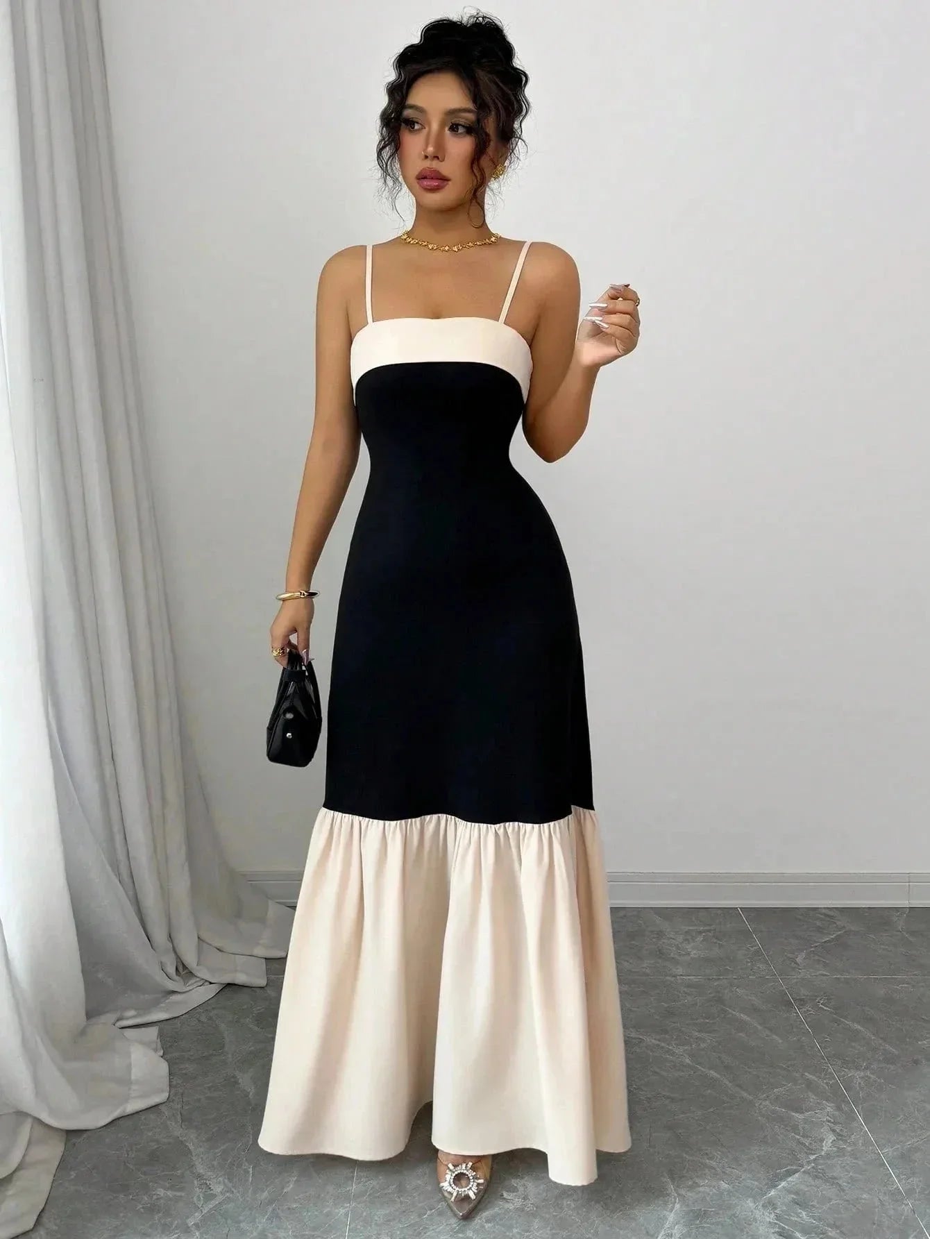 Two - Tone Spaghetti Strap Maxi Dress - VILLA FASHION