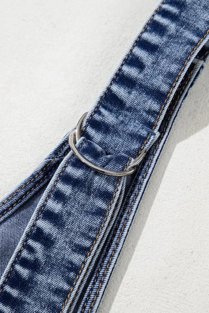 U Neck Patched Pocket Denim Overalls - VILLA FASHION