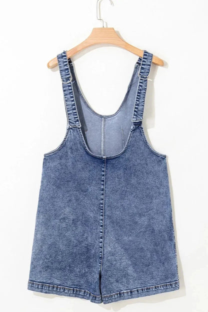 U Neck Patched Pocket Denim Overalls - VILLA FASHION