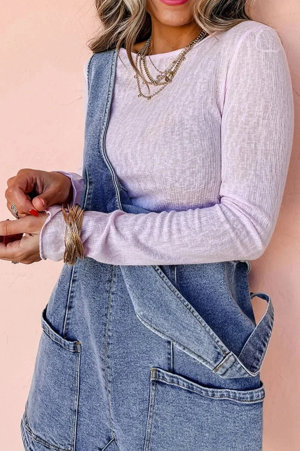 U Neck Patched Pocket Denim Overalls - VILLA FASHION