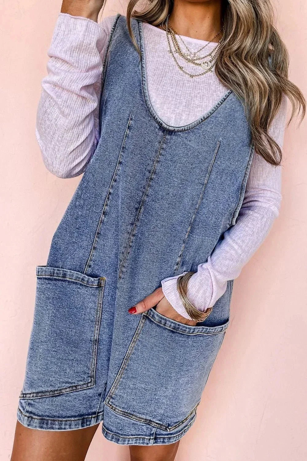 U Neck Patched Pocket Denim Overalls - VILLA FASHION