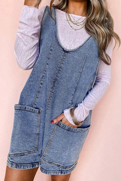 U Neck Patched Pocket Denim Overalls - VILLA FASHION