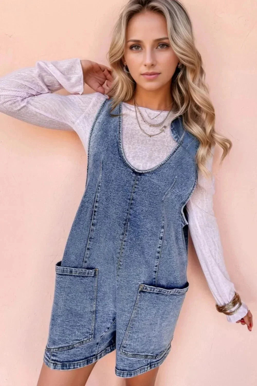 U Neck Patched Pocket Denim Overalls - VILLA FASHION