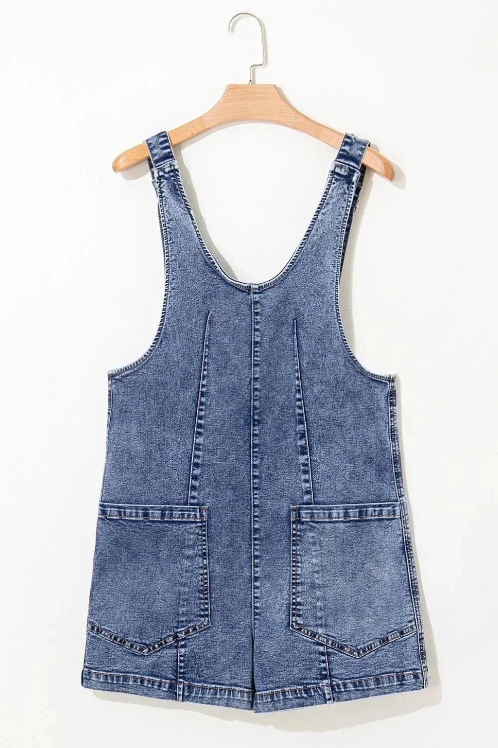 U Neck Patched Pocket Denim Overalls - VILLA FASHION