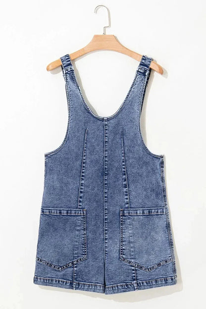 U Neck Patched Pocket Denim Overalls - VILLA FASHION