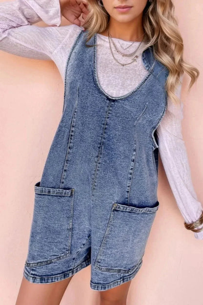 U Neck Patched Pocket Denim Overalls - VILLA FASHION