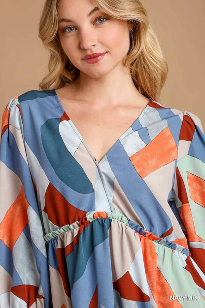 Umgee Abstract V - Neck Tiered Printed Dress - VILLA FASHION