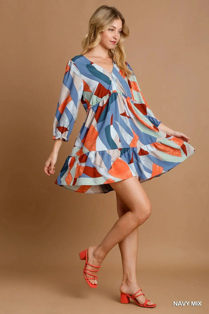 Umgee Abstract V - Neck Tiered Printed Dress - VILLA FASHION