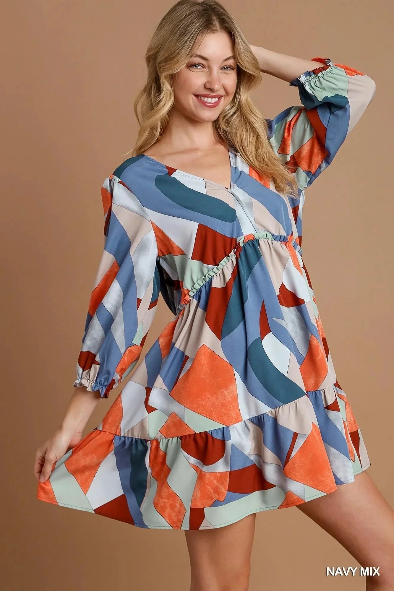 Umgee Abstract V - Neck Tiered Printed Dress - VILLA FASHION
