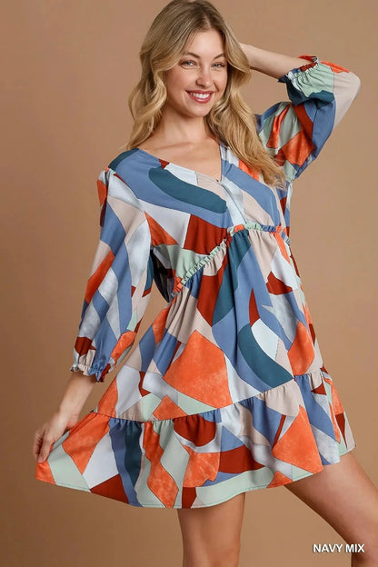 Umgee Abstract V - Neck Tiered Printed Dress - VILLA FASHION