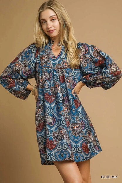 Umgee Boho Mix Paisley Babydoll Dress - VILLA FASHION