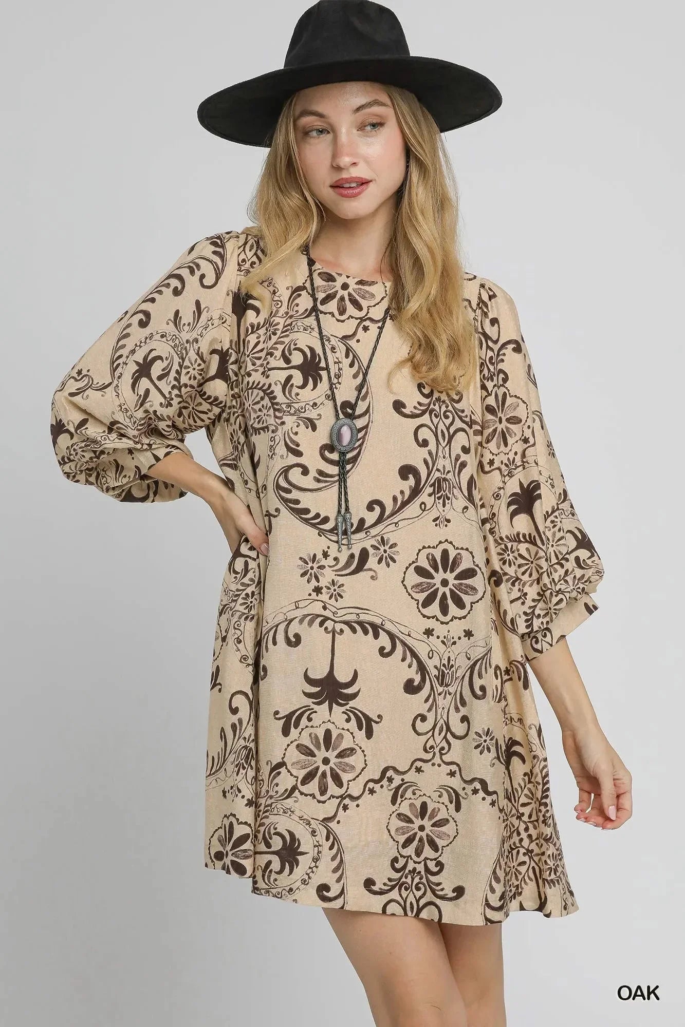 Umgee Boho Printed Balloon Sleeve Mini Dress - VILLA FASHION