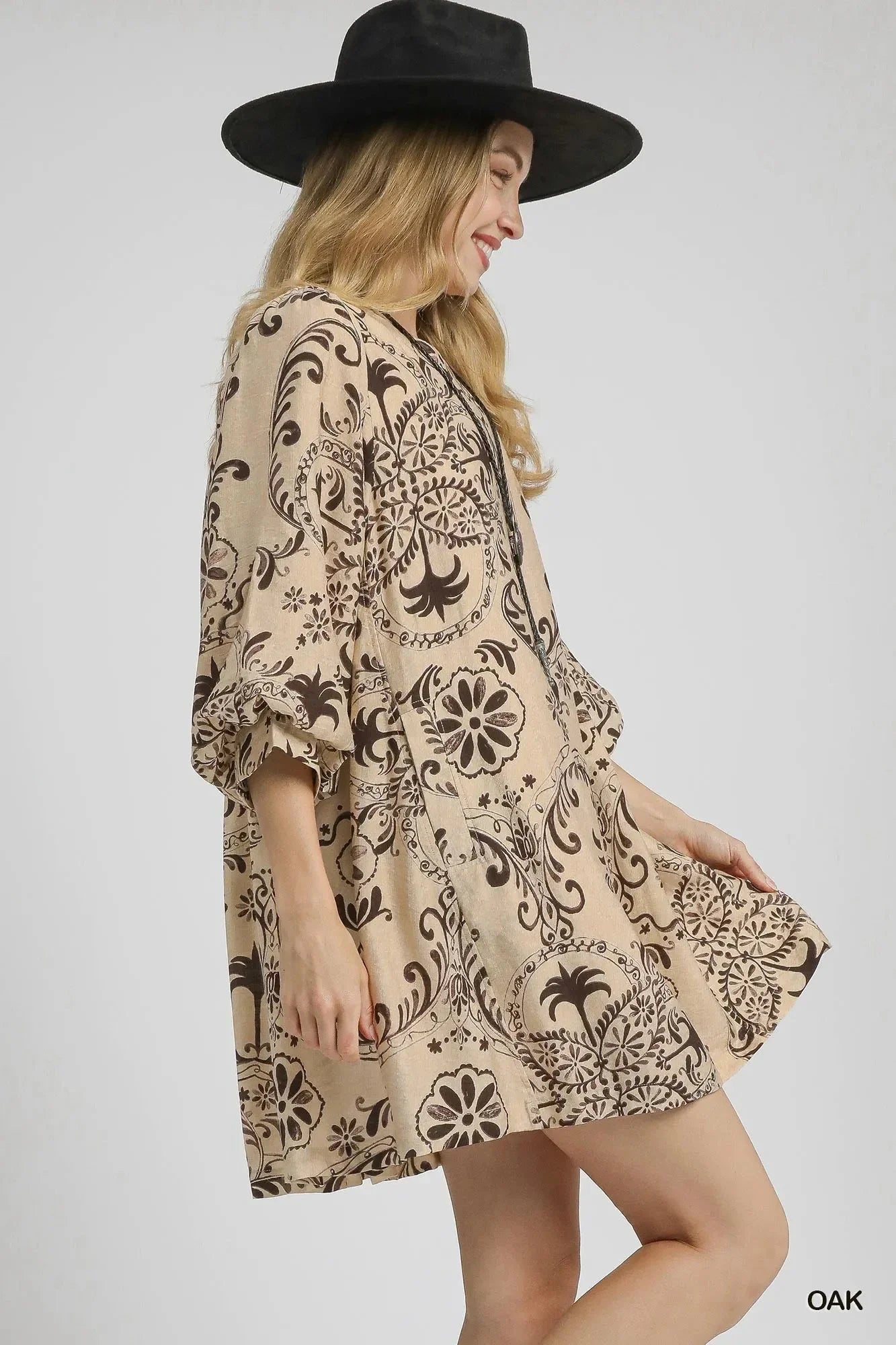 Umgee Boho Printed Balloon Sleeve Mini Dress - VILLA FASHION