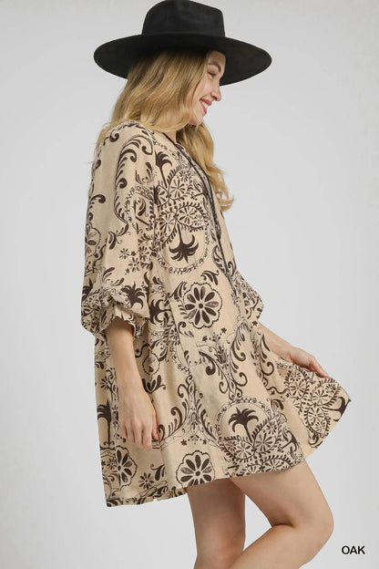 Umgee Boho Printed Balloon Sleeve Mini Dress - VILLA FASHION
