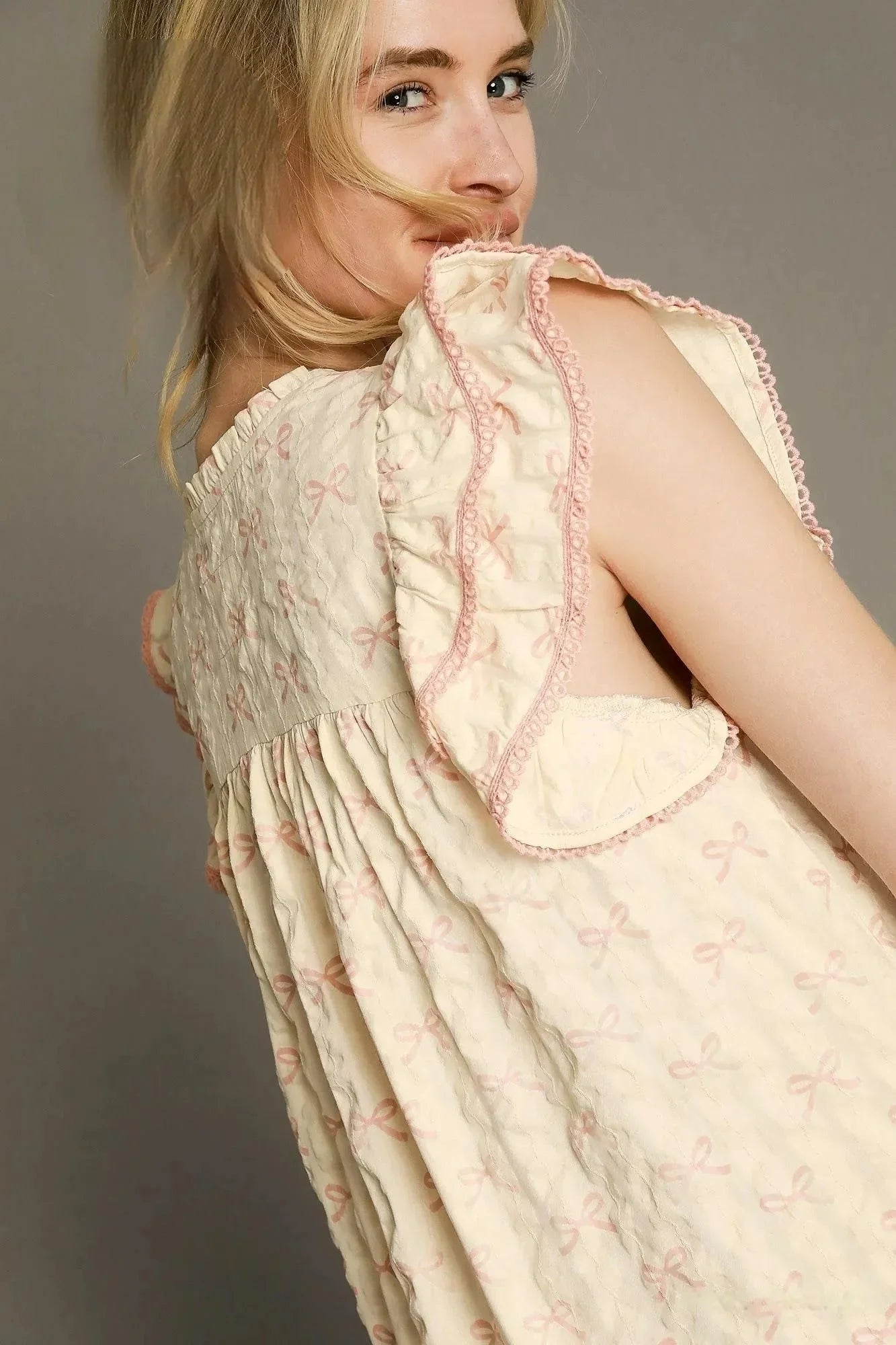 Umgee Bow Print Ruffled Cap Sleeve Mini Dress - VILLA FASHION