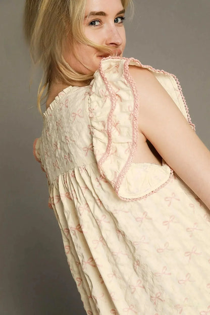 Umgee Bow Print Ruffled Cap Sleeve Mini Dress - VILLA FASHION