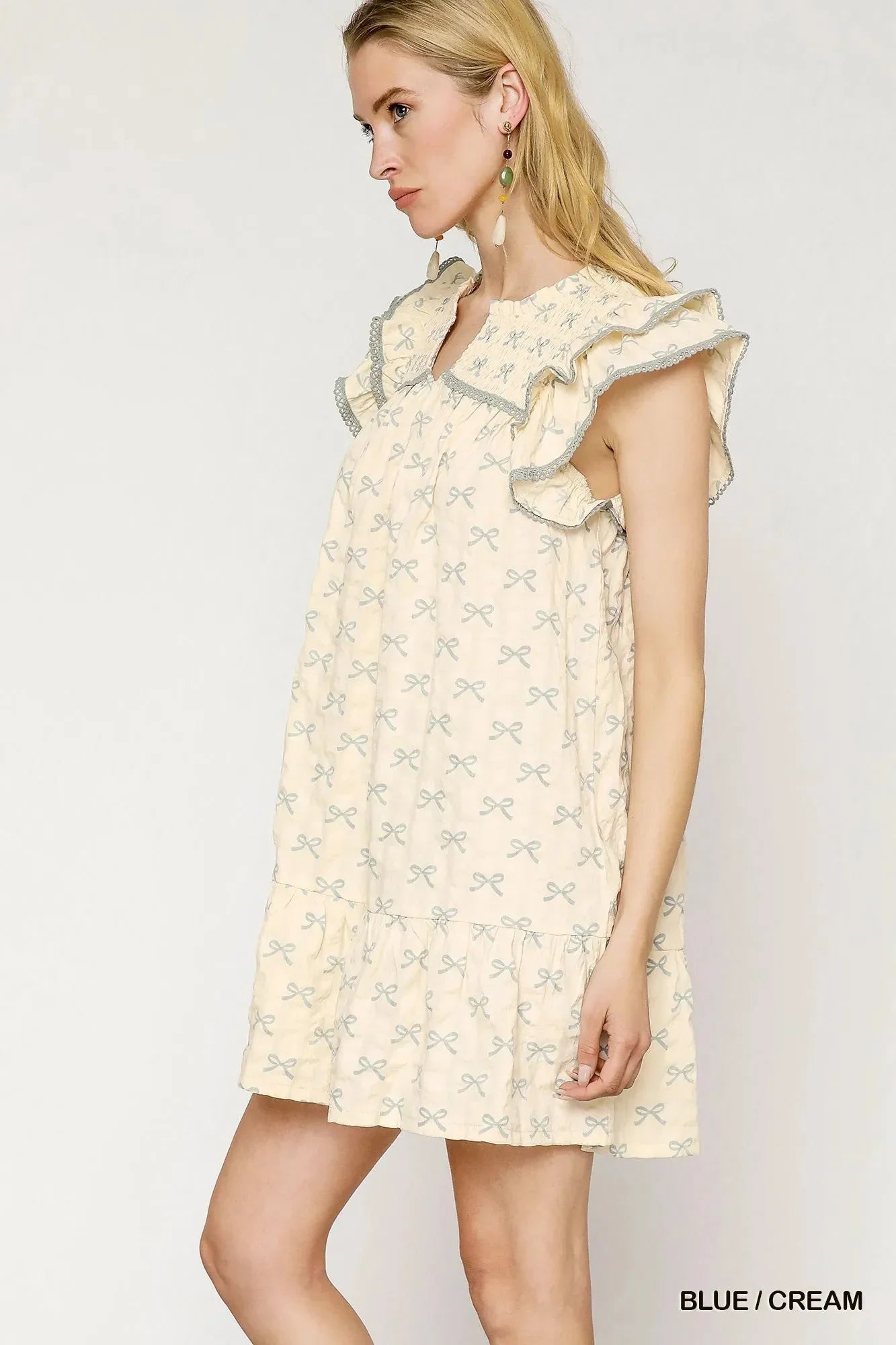 Umgee Bow Print Ruffled Cap Sleeve Mini Dress - VILLA FASHION
