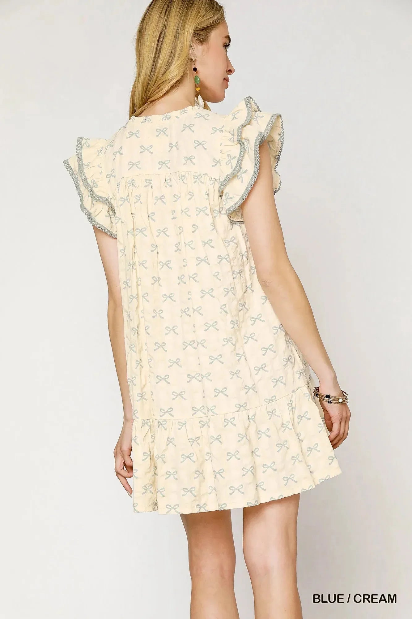 Umgee Bow Print Ruffled Cap Sleeve Mini Dress - VILLA FASHION
