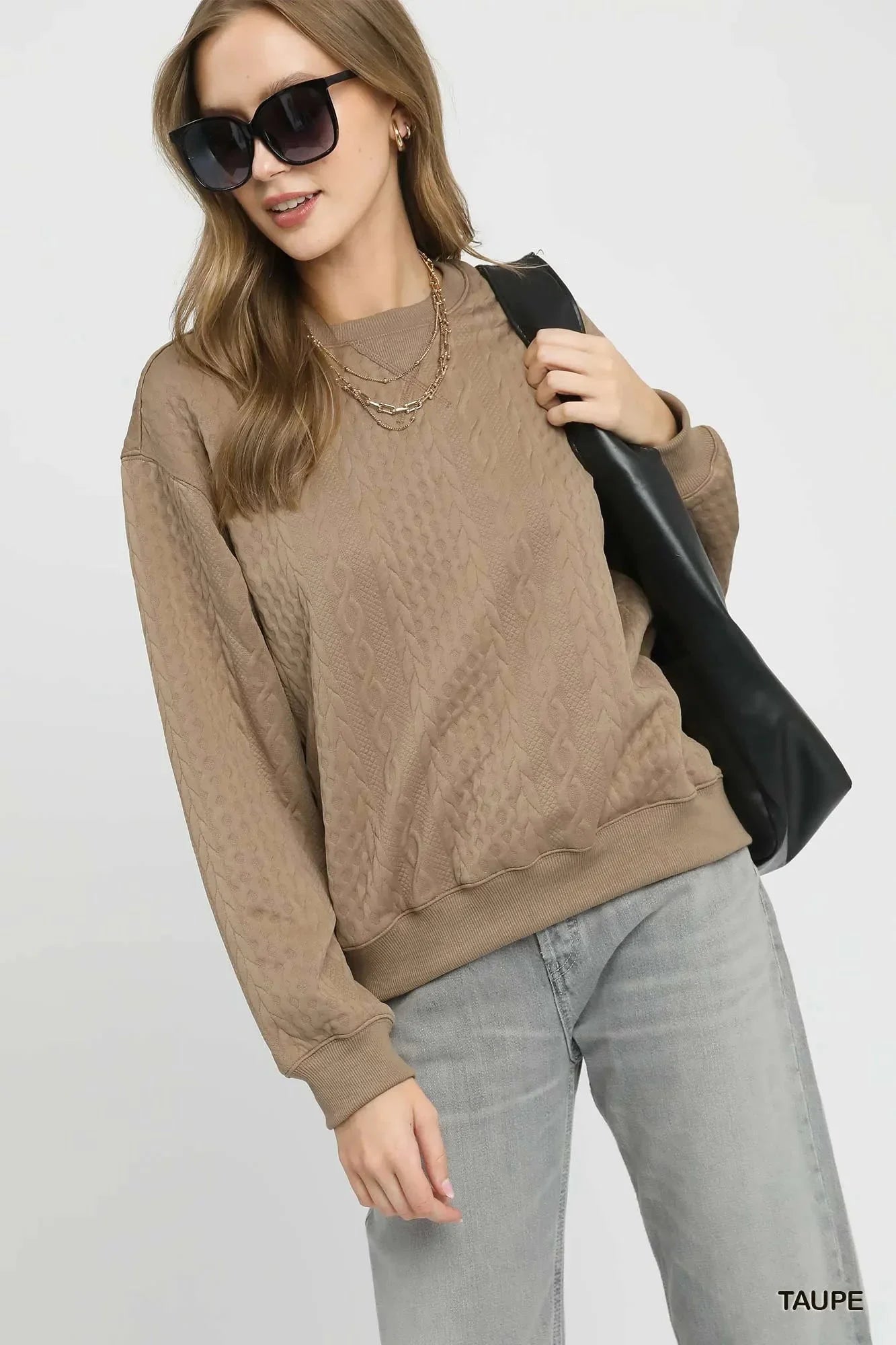 Umgee Cable Texture Pattern Sweatshirt with Ribbed Hem - VILLA FASHION