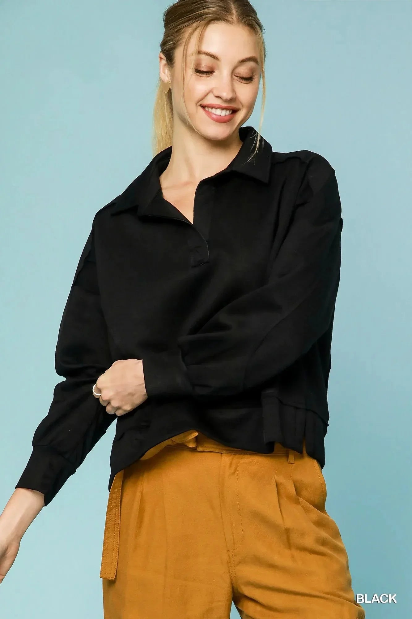 Umgee Collared Neck Long Sleeve Top with Raw Hem Detail - VILLA FASHION