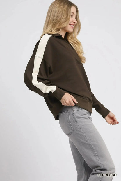 Umgee Color Block Polo Sweatshirt - VILLA FASHION