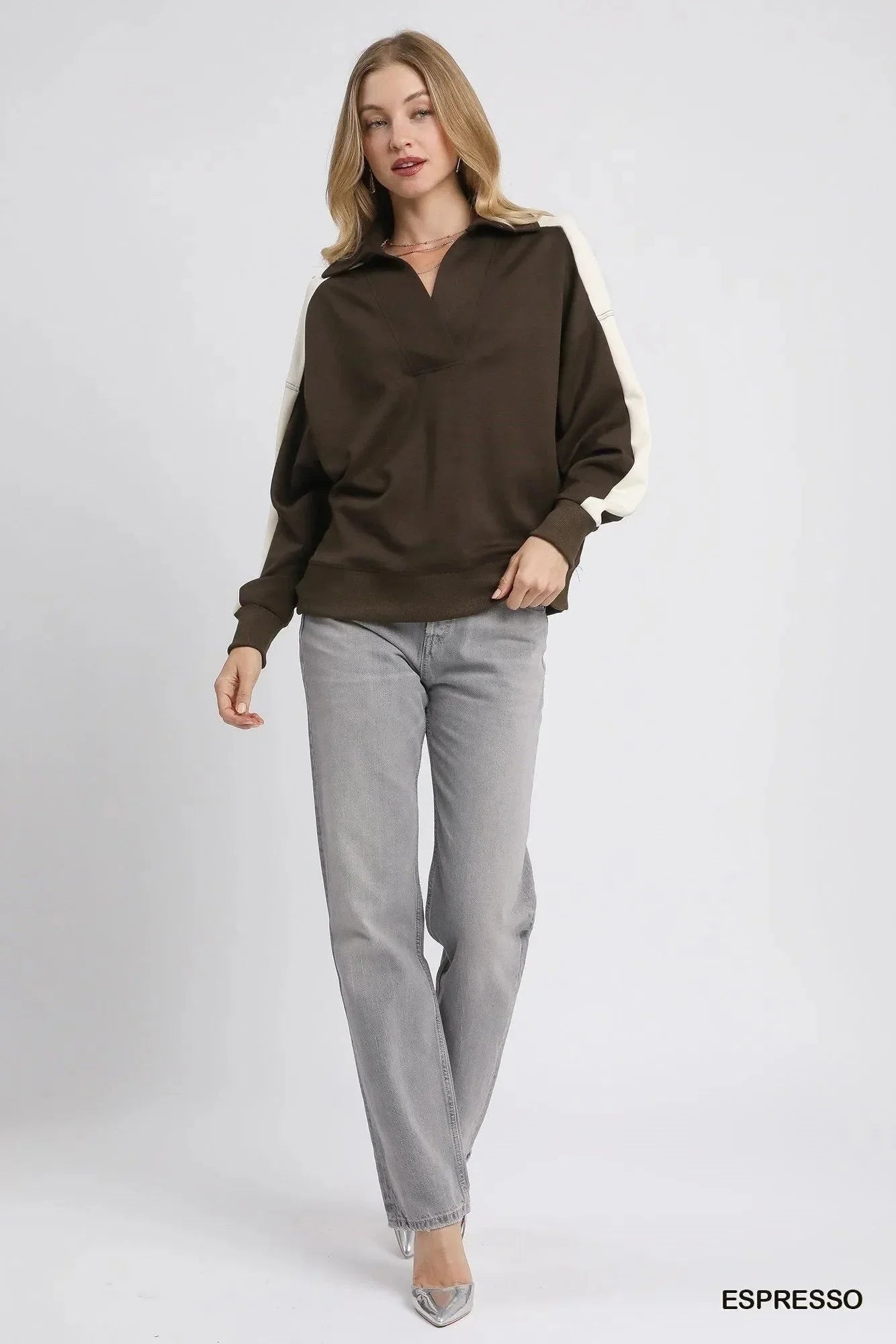 Umgee Color Block Polo Sweatshirt - VILLA FASHION