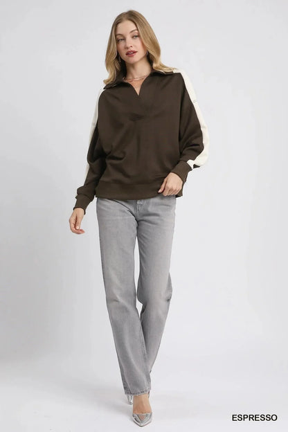 Umgee Color Block Polo Sweatshirt - VILLA FASHION