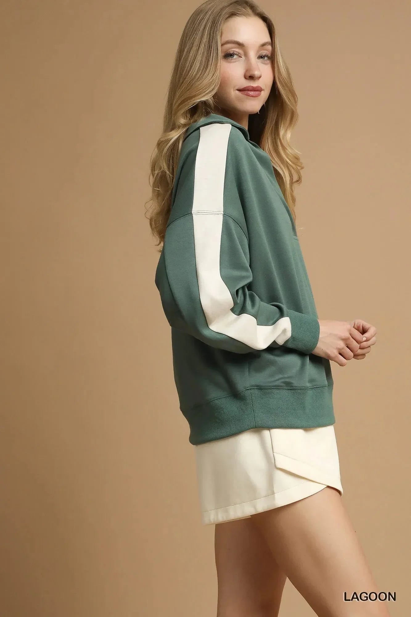 Umgee Contrast Long Sleeve Sweatshirt with Collar - VILLA FASHION