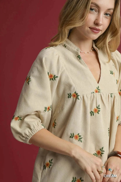 Umgee Corduroy Babydoll Dress with Floral Embroidery - VILLA FASHION