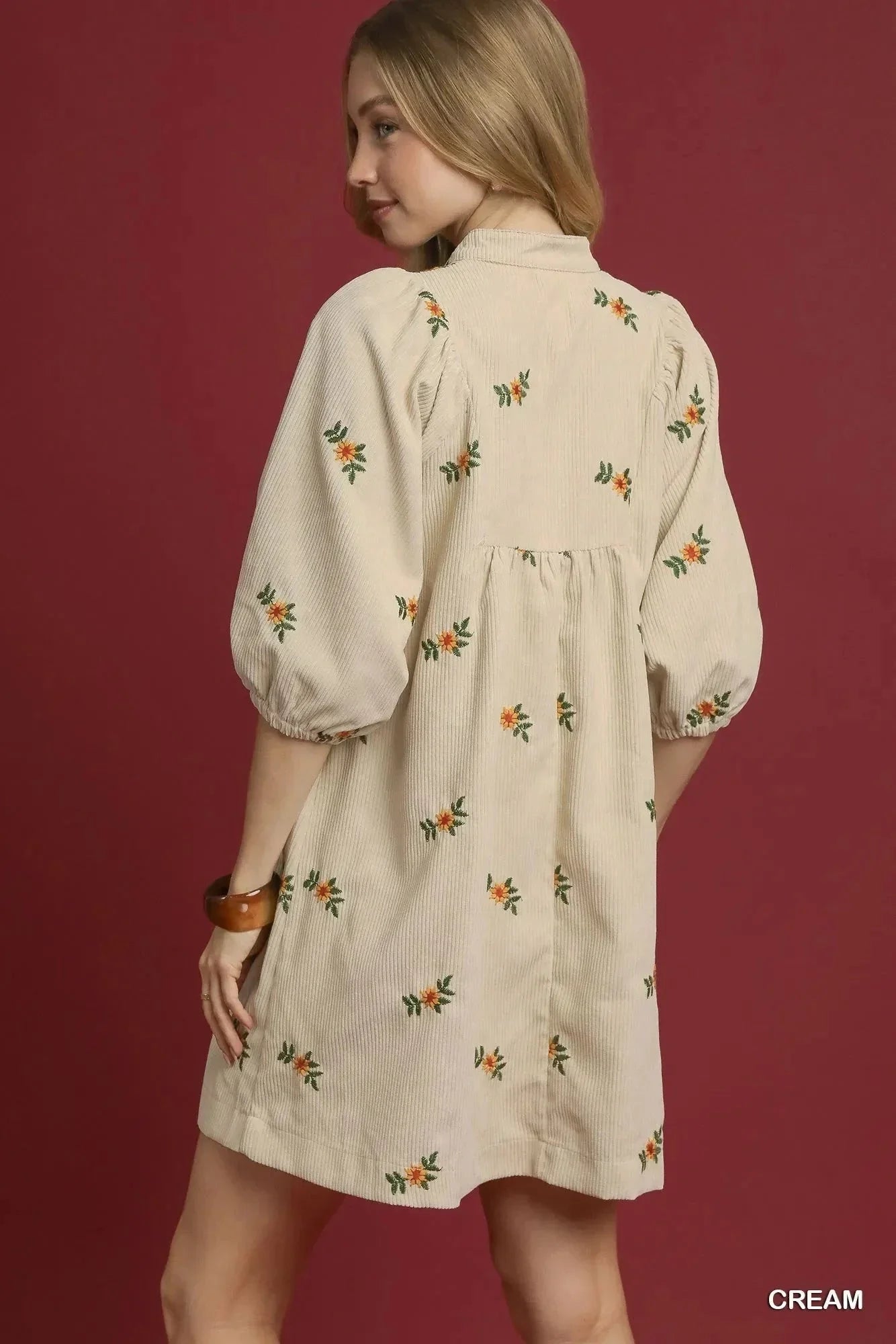 Umgee Corduroy Babydoll Dress with Floral Embroidery - VILLA FASHION