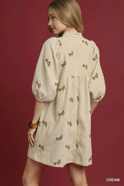 Umgee Corduroy Babydoll Dress with Floral Embroidery - VILLA FASHION