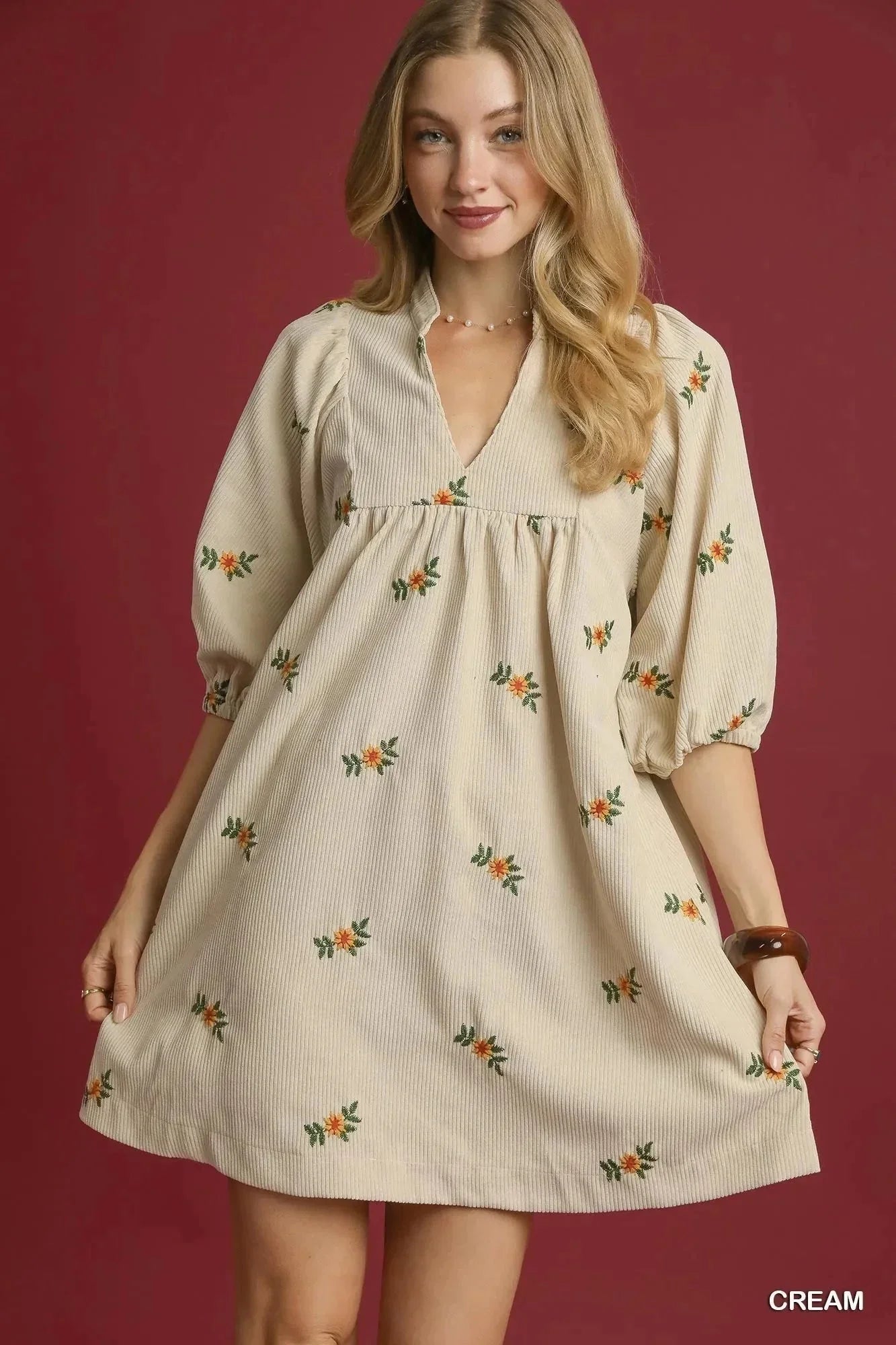 Umgee Corduroy Babydoll Dress with Floral Embroidery - VILLA FASHION