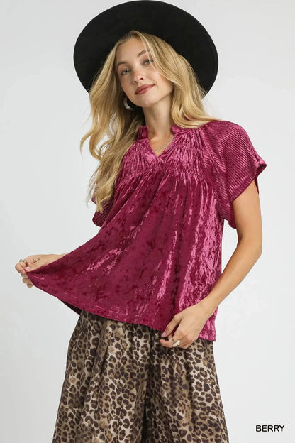 Umgee Crushed Velvet Pleated Blouse - VILLA FASHION