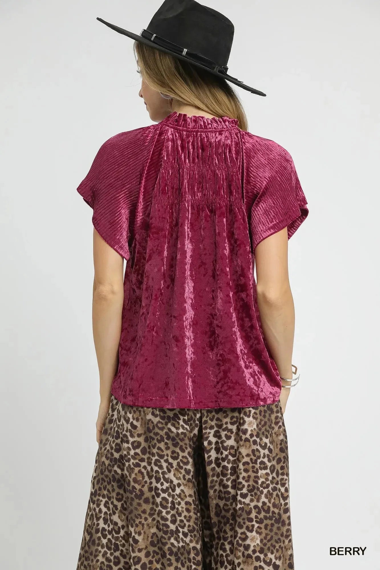 Umgee Crushed Velvet Pleated Blouse - VILLA FASHION
