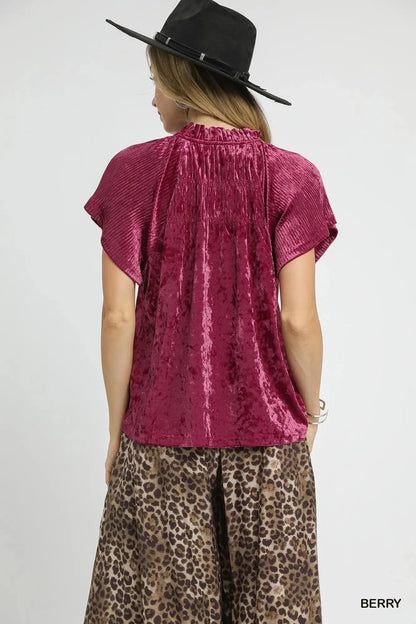Umgee Crushed Velvet Pleated Blouse - VILLA FASHION
