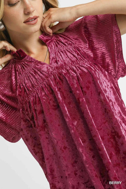 Umgee Crushed Velvet Pleated Blouse - VILLA FASHION