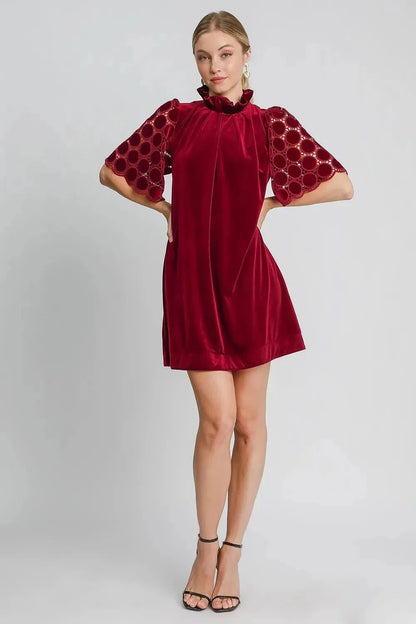 Umgee Dotted Lace Half Sleeve Mock Neck Back Tie Velvet Dress - VILLA FASHION