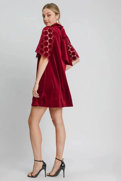 Umgee Dotted Lace Half Sleeve Mock Neck Back Tie Velvet Dress - VILLA FASHION