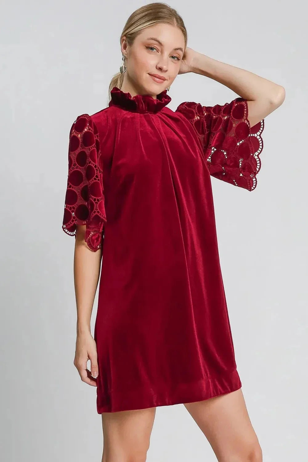 Umgee Dotted Lace Half Sleeve Mock Neck Back Tie Velvet Dress - VILLA FASHION
