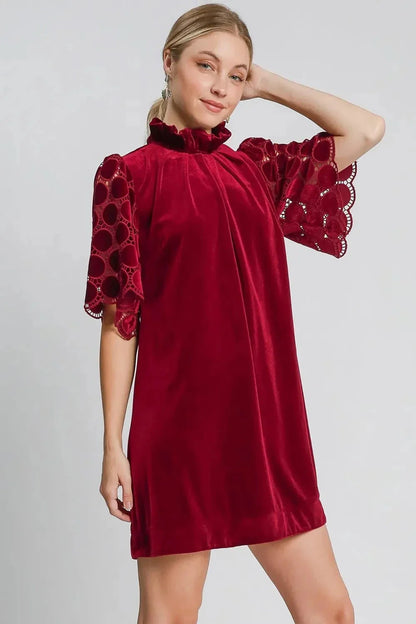 Umgee Dotted Lace Half Sleeve Mock Neck Back Tie Velvet Dress - VILLA FASHION