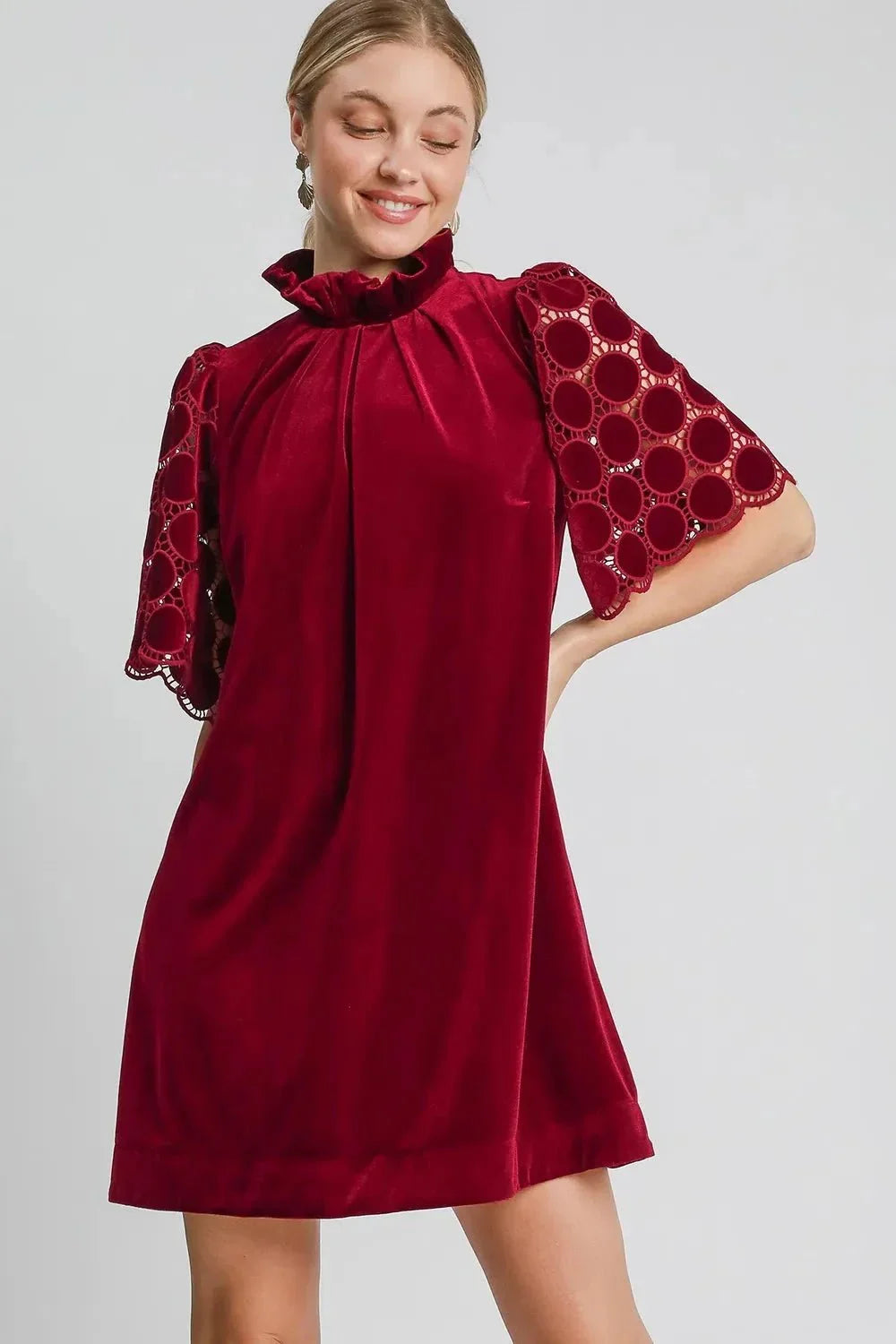 Umgee Dotted Lace Half Sleeve Mock Neck Back Tie Velvet Dress - VILLA FASHION
