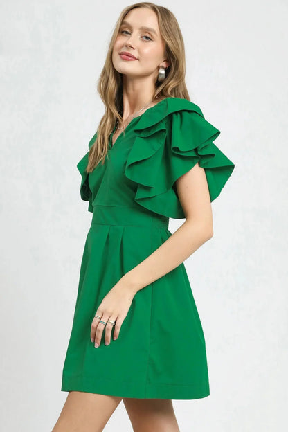Umgee Double Ruffle Sleeve Fit and Flare Dress - VILLA FASHION