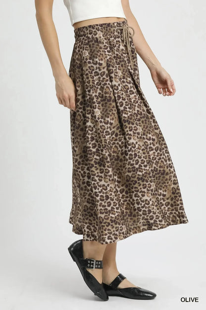 Umgee Drawstring Leopard Midi Skirt - VILLA FASHION