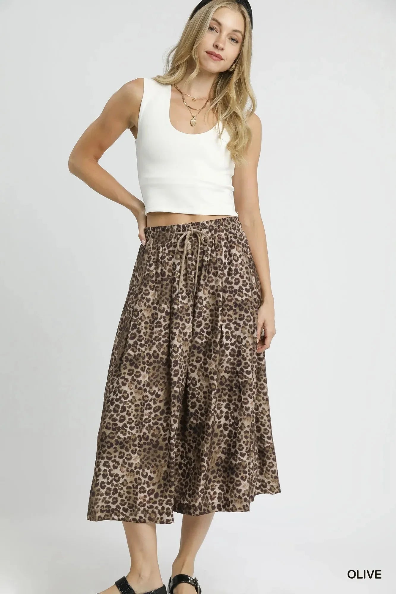 Umgee Drawstring Leopard Midi Skirt - VILLA FASHION