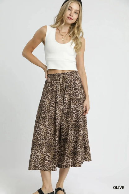 Umgee Drawstring Leopard Midi Skirt - VILLA FASHION