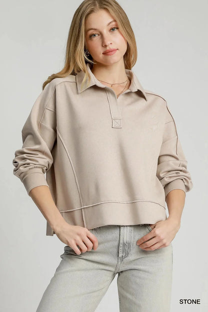 Umgee Exposed Seam Long Sleeve Polo Top with Side Slit - VILLA FASHION