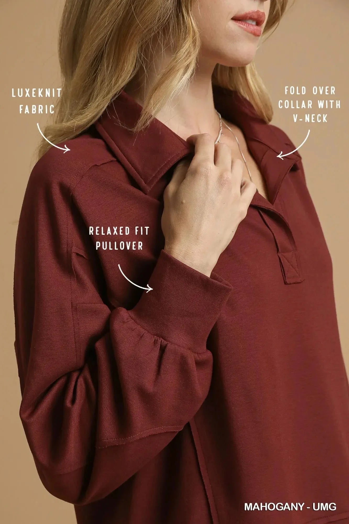 Umgee Exposed Seam Long Sleeve Polo Top with Side Slit - VILLA FASHION