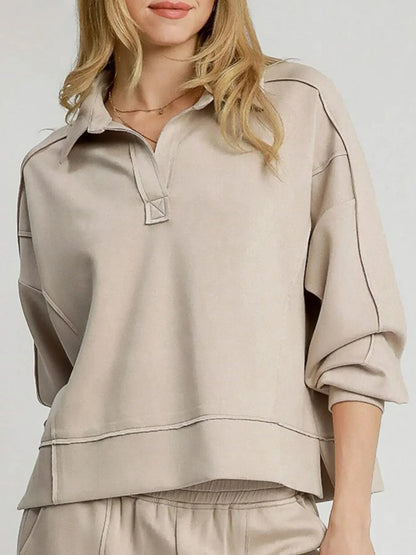 Umgee Exposed Seam Long Sleeve Polo Top with Side Slit - VILLA FASHION