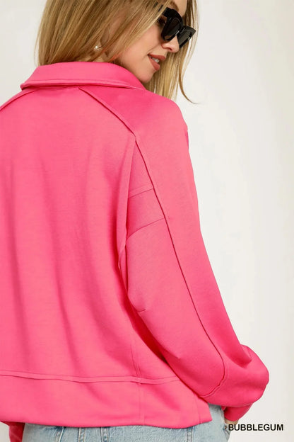 Umgee Exposed Seam Long Sleeve Polo Top with Side Slit - VILLA FASHION