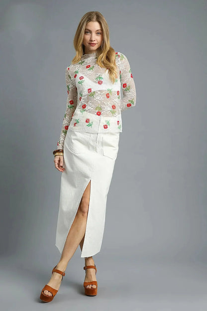 Umgee Floral Mock Neck Long Sleeve Sheer Top - VILLA FASHION